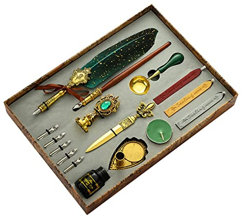Sakamura Juego de tinta de caligrafía, juego de pluma de caligrafía antigua con tinta, kit de sellos de cera mejorado con puntas de repuesto, juego de firma vintage de lujo