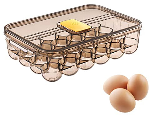 FIYSON 24 Grilles Boîte à Oeufs en Plastique avec couvercle et poignées latérales, Boîte Rangement D'?ufs à Tiroir, Boite Rangement des Oeufs Frigo Transparent Empilable convient à la cuisine (marron)