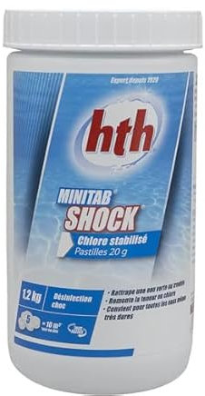 HTH MINITAB Shock Pastilles 20g - 1,2kg | Chlore Choc Stabilisé - Désinfection Choc - Dissolution Rapide + 10 Tests HPS OFFERTS 6 en 1