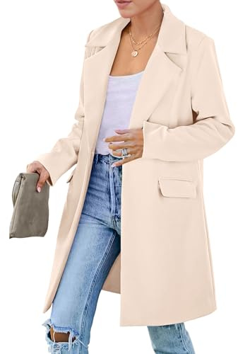 PRETTYGARDEN Women's 2025 Fall Long Blazer Jackets Long Sleeve Lapel Pockets Loose Fit Work Casual Blazers Outerwear (Beige,Large)