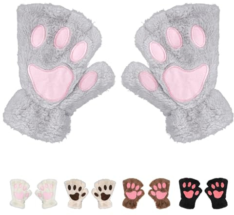 Cat Paw Gloves Girls Cute Winter Gloves Warm Plush Gloves Mittens Fingerless Paw Mittens Cartoon Animal Hand Warmer for Winter Outdoor (Grey)