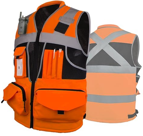 JHPAZUJA Surveyor Safety Vest for Men with 16 Pockets-Hi Vis Reflective Vest with Padded Neck Fishing Tactical Vest Custom Logo (Orange, 2XL)