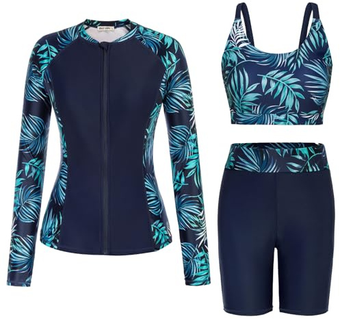 GRACE KARIN Swimming Costume Women Long Sleeve Swimsuit with Shorts Tankini Sets for Women Blue L