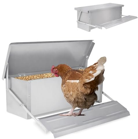 ORHEYA 10KG Futterautomaten Hühner aus Verzinkter Stahl Automatischer Futtertröge mit Pedal Füßen und Decke Wasserdicht und Rattensicher Hühnerfutterautomat Futterspender Futtertrog für Geflügel
