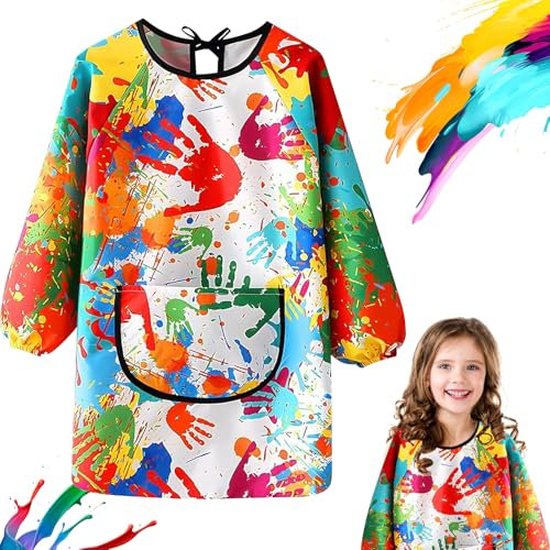 RCYHCY Malschürze, Malschürze Kinder, Langarm Malschürze Kinder, Wasserdicht Malkittel 6-12 Jahre Mädchen/Junge, Malerkittel Bastelschürze Kinder mit Taschen für Basteln & Malen Backen Kochen