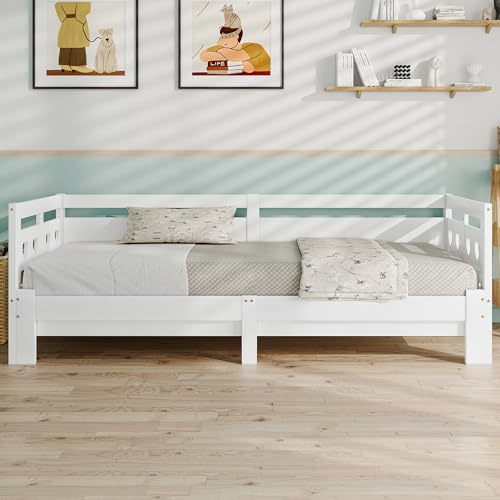 SUKY Cama de día extensible, de pino macizo, con 2º espacio para dormir y somier enrollable en forma de corazón, color blanco (90 x 200 cm)