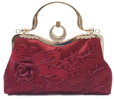 CORIOS Bolsa de Noche para Mujer Bordado Floral Embrague Bolso de Fiesta Pequeña Bolso de Boda Lujoso Bolsa de Cadena Clutch Elegante Bolso de Hombro Retro Fiesta Banquete Bolsos Bandolera Vino Tinto
