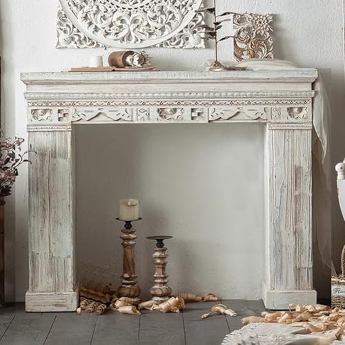 TT-YEC Accueil Console De Cheminée Vintage, Armoire De Rangement Surround De Cheminée en Bois, Boîtier De Cheminée Décorative, Manteau Autoportant avec Décoration Florale Sculptée,C