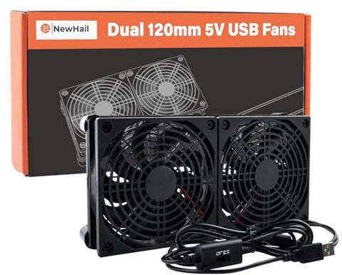 NewHail Leiser 2 en 1 Dual USB Ventilador 120 mm Dual Ball Bearings, USB 5 V, con L/M/H 3 velocidades ajustables, cable de 190 cm para router, módem, receptor, DVR, PlayStation, Xbox