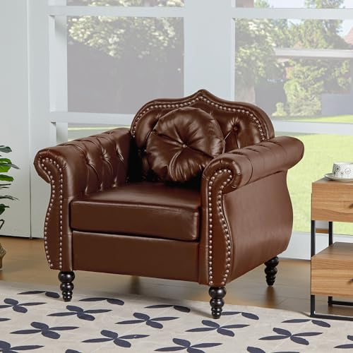 RUSTYER Accent Chair, Modern Chesterfield Leather PU Living Room Armchair, Mid-Century Modern Single Sofa Chair Upholstered Tufted Arm Chair with Pillow for Living Room, Bedroom, Office (Brown)