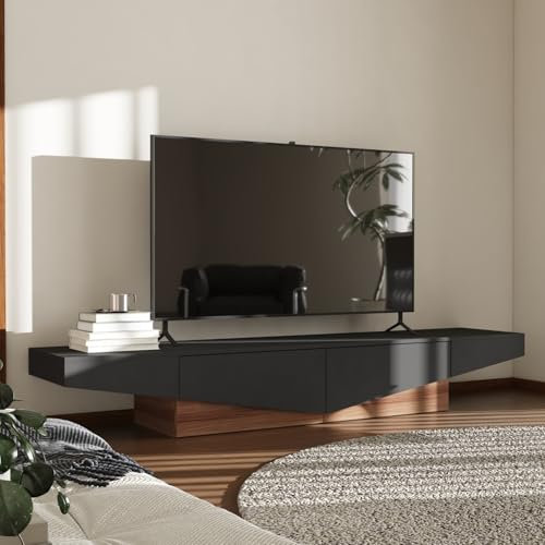 Caldion Modernes TV-Lowboard,TV-Schrank mit 2 Schubladen,Fernsehtisch mit Tischplatte,Fernsehschrank,TV-Ständer für Wohnzimmer Schlafzimmer,MDF,Braun und schwarz,200x40x35cm