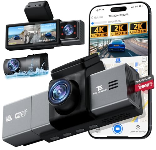 TECXERLLON 4K 3 Channel Dash Cam with ADAS Assist, Free 128GB Card Included, Built-in GPS & 5G WiFi, G-Sensor, Dash Camera with No-Light Night Vision, 170°/150°/140° Wide View, 24H Parking Mode