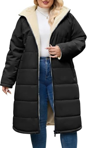 CMTOP Abrigos Mujer Invierno Largo Talla Grande, Resistente al Viento Cálido Chaqueta Reversible Abrigo, Abrigada Parka Abrigo Acolchado con Capucha y Cremallera(Negro,3XL)
