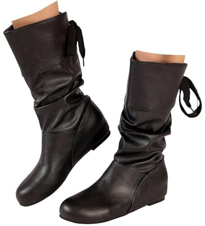 Xbemkste Stivali da donna piatti, in pelle, larghi, eleganti, medi, impermeabili, a gambo corto, comodi, Nero , 40.5 EU