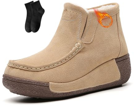 POIOZXD Mocasines de plataforma para mujer, cómodos, de gamuza, con puntera redonda, forro de piel, cálidos, suaves, antideslizantes, botas de nieve ligeras para invierno y exteriores, beige, 38 EU