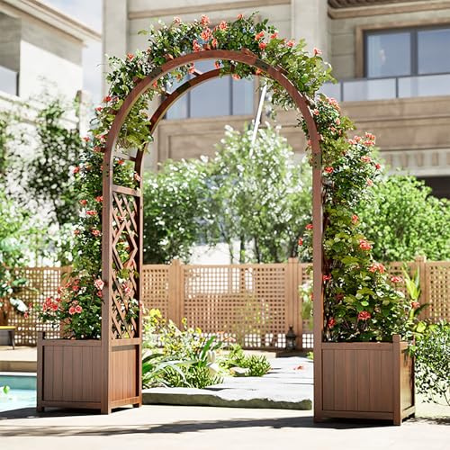 FVTVHEV Arche de Jardin en Bois Massif Treillis à Rosiers Comprend Deux jardinières Treillis Plante grimpante Bois Facile à Assembler Convient pour Une Utilisation en extérieur(220cm)