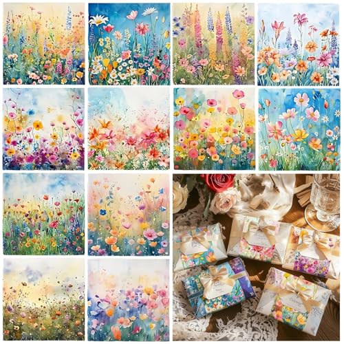 24pcs Decoupage Paper, Scrapbook Paper, Pattern, Vibrant Floral Sheets for Crafting Projects, Two Packs of Twelve Assorted Designs Each
