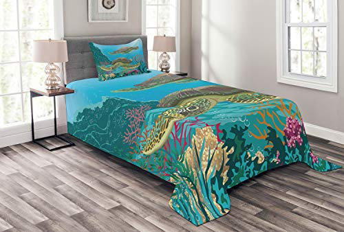ABAKUHAUS Meerestiere Tagesdecke Set, Sealife Schildkröten im Wasser, Set mit Kissenbezug Klare Farben, für Einzelbetten 170 x 220 cm, Türkis Khaki