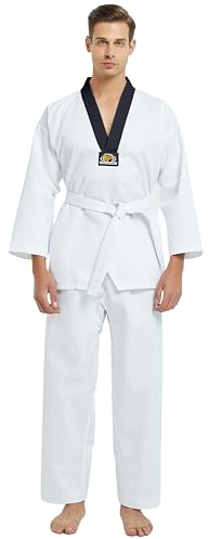 TOPTIE Uniforme de Taekwondo à Col en V pour Enfants Adultes, Uniforme d'étudiant TKD Dobok Uniforme d'arts Martiaux avec Ceinture-Garniture Noire-Taille 000