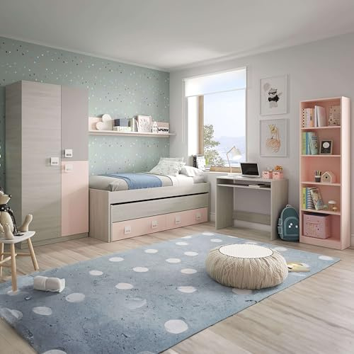 Miroytengo Pack Habitación Juvenil Infantil Rosa Gris Blanco Alpes (Cama Nido + Estante + Armario + Escritorio + estantería) con Somieres