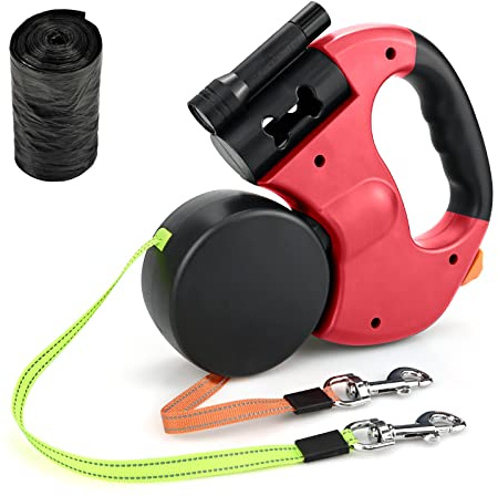 Correa retráctil doble para perro, reforzada y extensible con mango antideslizante, con luz LED y caja de basura para pasear a 2 perros, banda de nailon fuerte sin enredos de 360°, 3 m, rojo