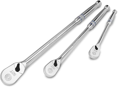 DURATECH 3-Piece Extra Long Drive Ratchet Handle, 1/4, 3/8, 1/2 90-Tooth Ratchet Wrench with Dust Proof Teardrop Enclosed Head, Reversible, CR-V Steel Made, CR-MO Head, Full Polished, Gifts for Men