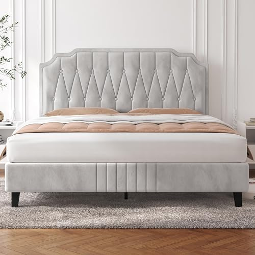Yaheetech Marco de Cama con Cabecero Tapizado Ajustable en Altura Soporte de Láminas de Madera y Patas Metálicas Beige/140 x 200 cm