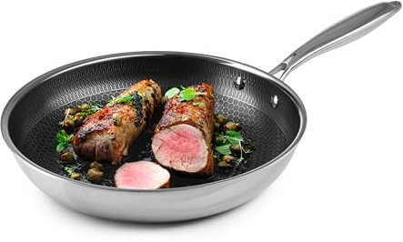 Kochwerk Rachs Bratpfanne mit Wabenstruktur ⌀28 | Edelstahl-Pfanne mit Antihaftbeschichtung & hohem Rand | Geeignet für alle Herdarten | Kratzfest & backofenfest | Inkl. 2 Rezeptideen