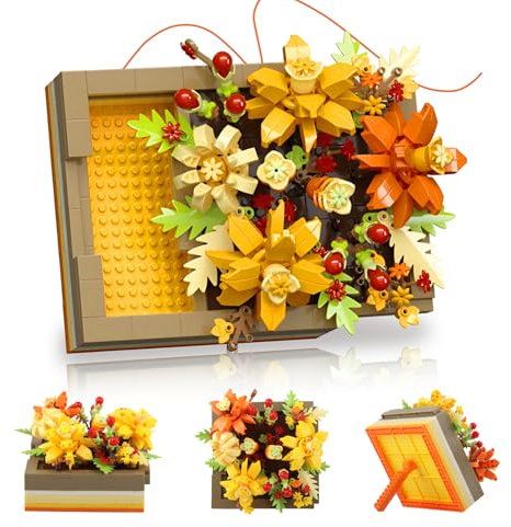 SJUNJIE Klemmbausteine Blumen Oranger 536 Stück Mini Bausteine Blumen und Pflanzen Kasten Kann Herausgezogen Werden Bausteine Blumen Set Room Heimdekoration Geschenke für Freunde