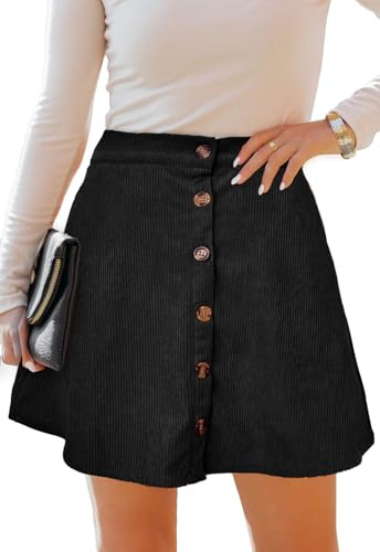 Alaster Queen Women’s Corduroy Mini Skirt Button Front A-line Vintage Pleated Cord Pockets Skirts for Women, Black XL