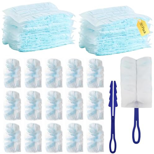 50 Pcs Dust Magnet Refills, Duster Refills with 2 Blue Handle, Hand Fluffy Dust Magnet Refills, Adsorption Feather Duster Refills for Blinds PC Keyboard Office Desk Dresser Car Dashboard Home Cleaning