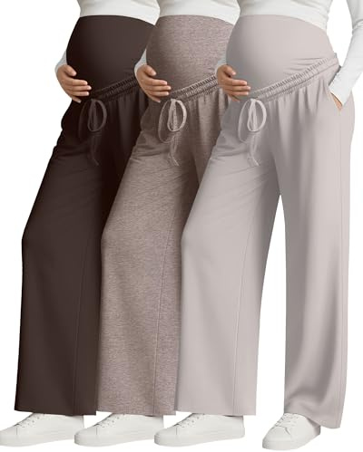 Huukeay 3 Pack Women's Maternity Pants Over The Belly Drawstring Pregnancy Pants Stretchy Lounge Trousers with Pockets(Dark Brown, Light Coffee, Gray Apricot,X-Large)