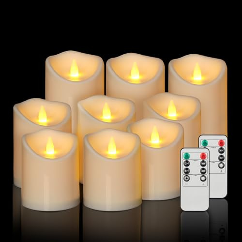 Haown Outdoor Flameless Candles, Patented 3D Dual-LED, Set of 9 Slanted Resin Pillars with 2 Remotes, Bulk Party Decor for Fireplace Holiday, Non-Melting Waterproof Battery Operated, (Ivory)