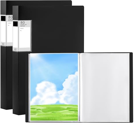 POERMA 2 Pcs Art Portfolio Folder A3, A3 Diamond Art Storage Book, 80 Clear Pockets Sleeves Protectors Display 160 Pages, Large Presentation Book Folder for Artwork, Report, Document - Black