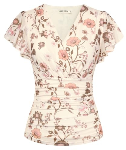 GRACE KARIN Top Donna Floreale Boho Maniche Corte A Volant Avvolgente Primavera Estate Top Per Uscire, L