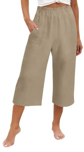 Pantalón de lino para mujer, ligero, capri, de lino, de verano, holgado, de 3/4, con elástico, de playa, de muselina, de tela, pantalones de verano para mujer, pantalones de lino, de tres cuartos