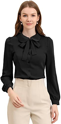 Allegra K Camicia da donna con colletto Peter Pan a maniche lunghe a sbuffo, camicetta in chiffon con fiocco e collo con bottoni e camicia da lavoro, Nero , 40