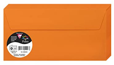 Clairefontaine 120023C - Packung mit 50 Umschlägen Pollen, selbstklebend, Format DL, 11x22cm, 120g, ideal für Einladungen und Korrespondenz, Orange, 1 Pack