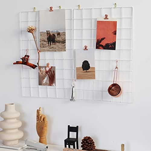 FRIADE Wall Grid Panel for Photo Display,Wall Storage Organizer,5 Metal Clips & 3 S Hooks & 4 Nails & 4 Plastic Hanging Buckles and 4 Screws Offered,Size 17.5 x 11.8,Set of 2 (White)