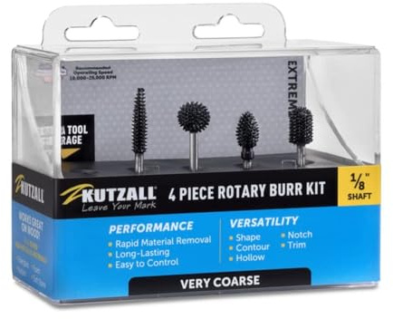 Kutzall 4-Piece Rotary Burr Kit - 1⁄8 Shaft, Very Coarse - Woodworking Attachment for Dremel, Foredom, Ryobi, Milwaukee Tools - Structured Tungsten Carbide (18XKIT01)
