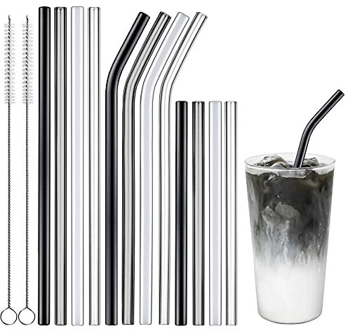 ecooe 12er Glasstrohalme Wiederverwendbar Trinkhalme Glasröhrchen BPA-frei, 4 Lange+4 Kurz geraden Strohhalme und 4 Gebogenem Cocktail Strohhalme mit 2 Reinigungsbürsten, für Säfte Smoothie und Milch