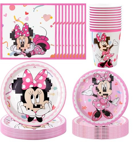CHUKUA 50Pcs Mouse Geburtstagsdeko 1 2 3 4 5 6 7 8 Jahre, Cartoon Mouse Geburtstagsdeko, Rosa Partygeschirr Set, Pappteller Pappbecher Servietten Teller Set, Geschirr Set