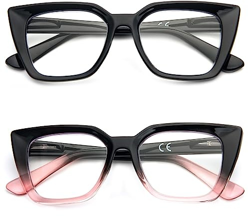 Kodilin 2 Pack Occhiali da lettura donna Oversized Square Anti Luce Blue Computer Lettori Uomo con cerniera a molla (+1.0, nero e nero rosa)