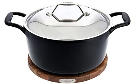 All-Clad Cast Iron Enameled Dutch Oven with Acacia Trivet 6 Quart Induction Oven Broiler Safe 650F Pots and Pans, Cookware Black