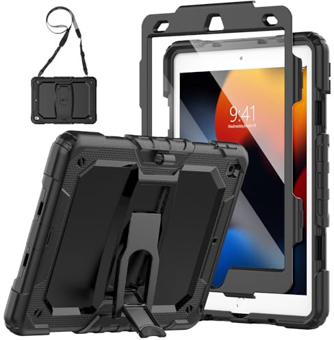 SEYMAC Hülle für iPad 10,2 Zoll (9./8./7. Generation), Stoßfeste für iPad 9 Generation Hülle mit Displayschutz/Faltbarem Ständer/Stifthalter für 2021/2020/2019, Schwarz