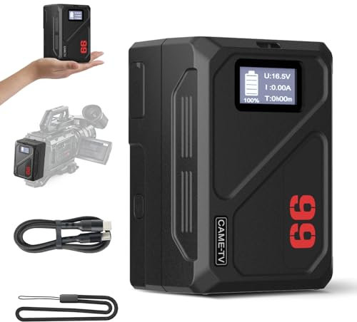 Came-TV V-Mount Akku MINI99C, 6900mAh 99Wh 14.4 V, V-Lock Akku Unterstützt 65W PD USB-C Schnellladung 1.5 Stunden mit D Tap/USB A/Dual DC Ports/BP/OLED Display für Kamera, Camcorder, Monitore