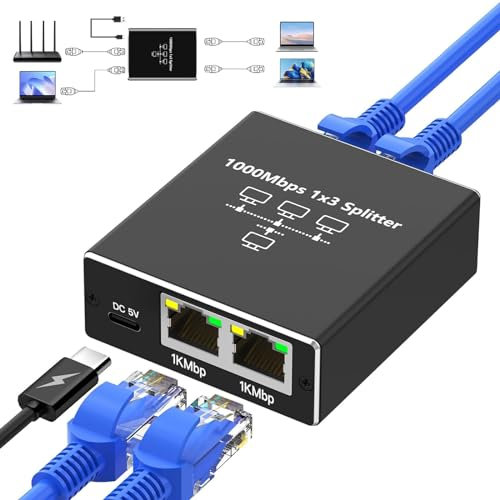 Switch Ethernet Splitter 1 a 3, 1000Mbps ethernet RJ45 Splitter 3 Ports Gigabit LAN Network Internet Ethernet Adapter Switch RJ45 con Cable de Alimentación USB C para Ordenador, Conmutador, Router