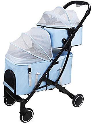 Hundekinderwagen, Doppelschicht-Buggys für Haustiere/Katzen/Hunde, Premium-Haustier-Buggy für 2 Katzen und Hunde, Abnehmbarer zweischichtiger Kinderwagen, Reisewagenträger (Blau) (Blau)