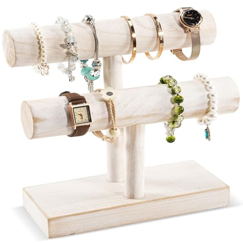 ProCase Bracelet Holder Display Bracelet Organizer, Wooden Bracelet Stand for Selling, T-bar Bangle Storage Rack Wood Watch Display Tower for Business - 2 Tier, White