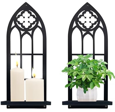 Gothic Wall Sconces Set of Two Candle Holder, Black Metal Gothic Wall Decor, Arched Church Wall Sconces, Rustic Farmhouse Home Wall Art Decor for Living Room, Bathroom, Bedroom, Dining Room(Church)